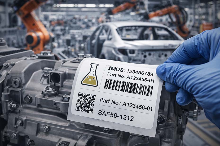 Etiqueta automotiva colada em um componente de motor, ilustrando a exigência do sistema IMDS e do processo PPAP.
