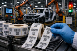 Profissionais de engenharia da qualidade inspecionando etiquetas industriais homologadas pelo processo PPAP na linha de produção, garantindo conformidade.