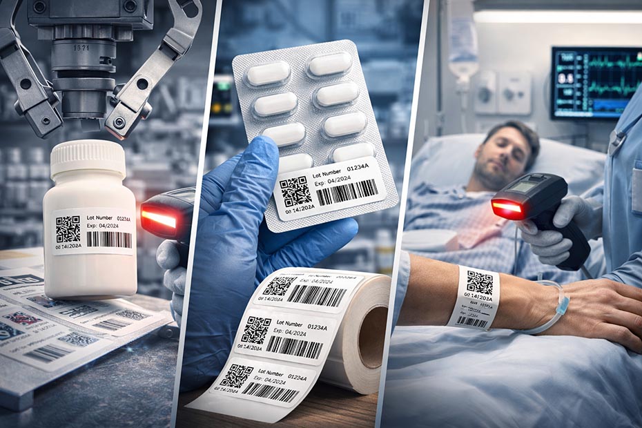 Etapas da rastreabilidade na saúde: leitura de rótulo em frasco farmacêutico, rolo de etiquetas com QR code e código de barras para controle de lote, e escaneamento de pulseira de paciente em hospital.