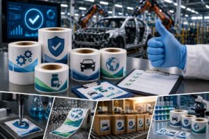 Rolo de etiquetas técnicas industriais demonstrando conformidade com normas PPAP e IATF 16949 produzidas pela Servir Print.