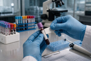 Tubos de coleta de sangue organizados com etiquetas de identificação laboratorial em conformidade com as normas da ANVISA.