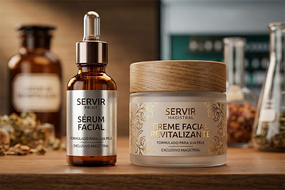 Embalagem de cosmético magistral demonstrando o uso de rótulo premium com BOPP metalizado e verniz localizado.