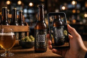 Celular escaneando um rótulo inteligente com QR Code em uma garrafa de cerveja artesanal produzida pela Servir Print.