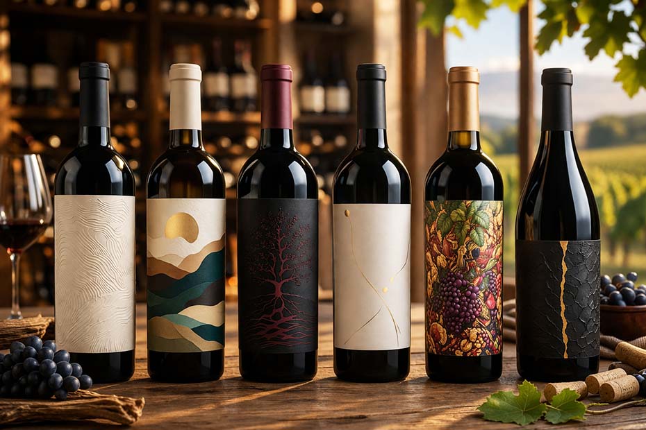 Rótulos de vinho modernos com tipografia expressiva e ilustrações botânicas, exemplificando as tendências de 2026.