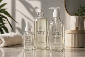 Frascos de vidro e acrílico com etiquetas transparentes aplicando a técnica No-Label Look em produtos premium cosméticos e farmacêuticos.