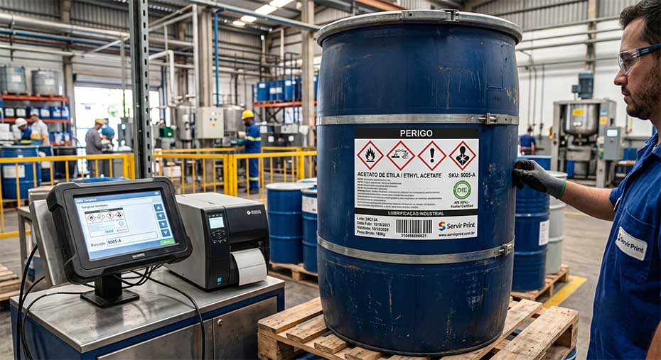 Operador da Servir Print inspeciona tambor azul de lubrificante industrial com etiqueta de conformidade GHS contendo pictogramas de perigo, ao lado de uma impressora térmica industrial e terminal de dados em uma fábrica química.