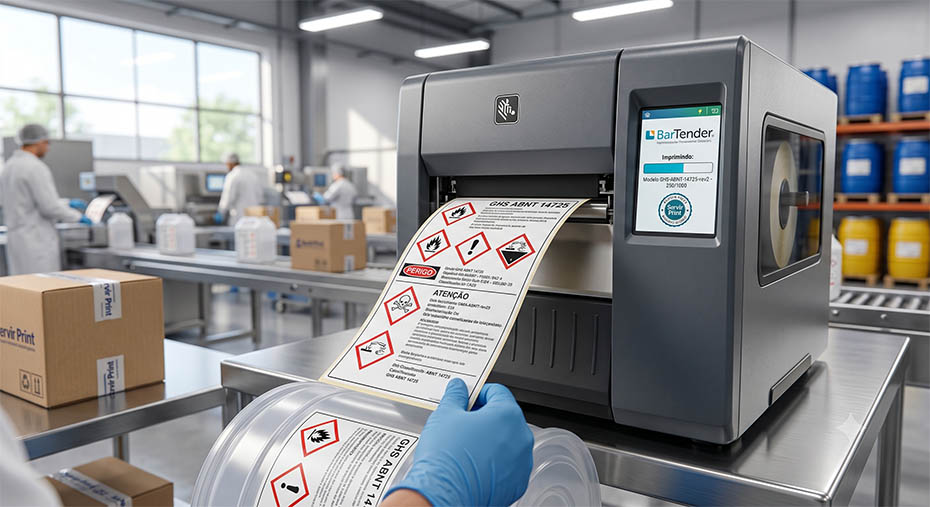 Impressora térmica industrial no chão de fábrica da Servir Print imprimindo etiquetas químicas com pictogramas de borda vermelha em conformidade com a norma de rotulagem GHS ABNT 14725, exibindo a interface do software BarTender em sua tela digital.