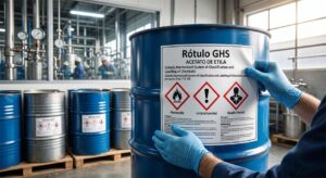 Operador com luvas azuis aplicando ou inspecionando um rótulo GHS de Acetato de Etila em uma bombona metálica azul dentro de um ambiente industrial. O rótulo exibe claramente os pictogramas de perigo para inflamável, irritante e risco à saúde.