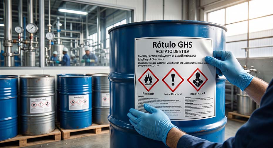 Operador com luvas azuis aplicando ou inspecionando um rótulo GHS de Acetato de Etila em uma bombona metálica azul dentro de um ambiente industrial. O rótulo exibe claramente os pictogramas de perigo para inflamável, irritante e risco à saúde.