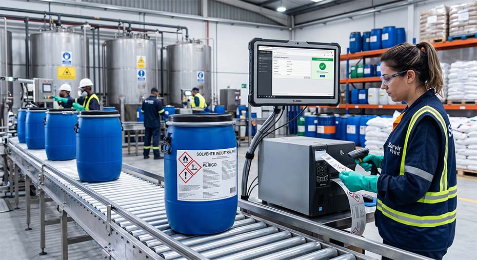Rótulos GHS com pictogramas de perigo impressos em etiquetas autoadesivas de alta performance em ambiente industrial.
