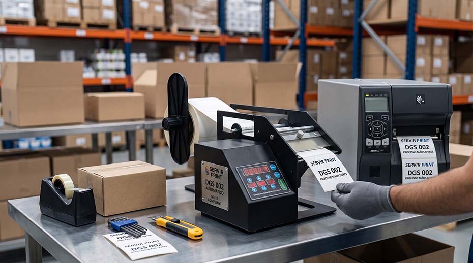Dispensador automático de etiquetas DGS 002 da Servir Print em linha de produção industrial