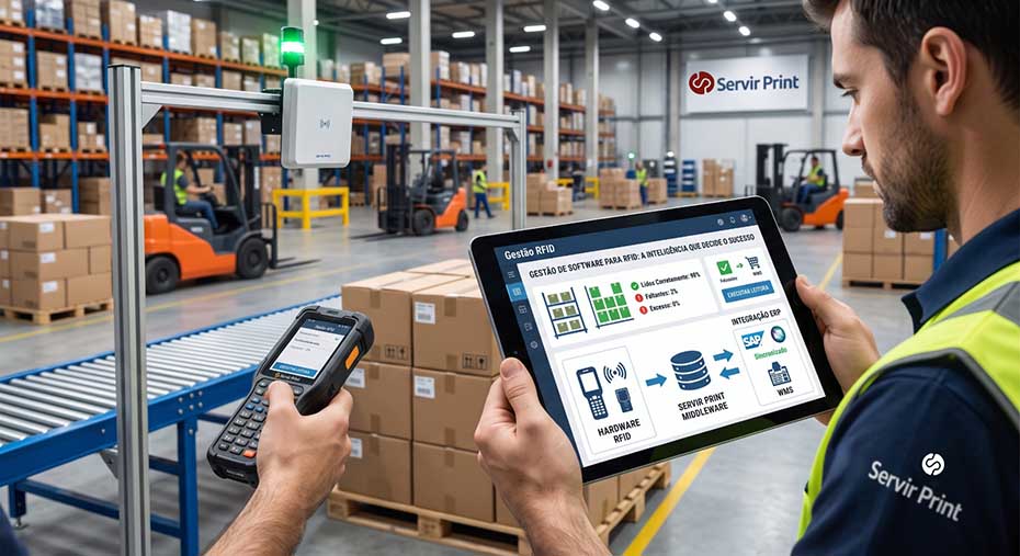 Dashboard de gestão de software para RFID integrado a leitores, ERP e WMS em uma operação logística.