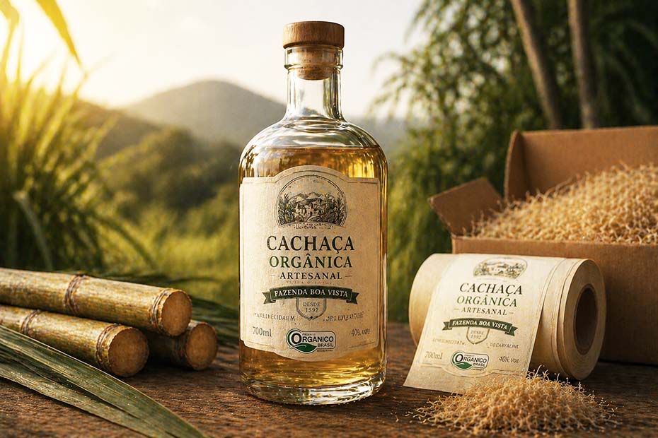 Garrafa de cachaça artesanal com rótulo sustentável em papel ecológico texturizado, destacando selos de sustentabilidade e design sofisticado.