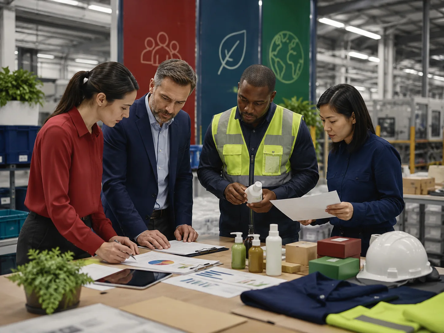 Equipe multidisciplinar analisando documentos, amostras, segurança e práticas sustentáveis em ambiente industrial