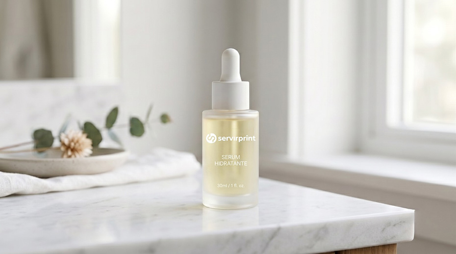 Rótulos premium da Servir Print aplicados em embalagens de cosméticos, higiene pessoal e produtos de home care