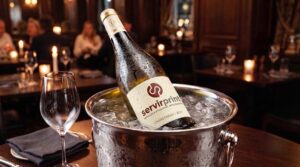 Rótulo premium da Servir Print aplicado em garrafa de vinho resfriada em balde de gelo