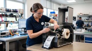 Técnico realizando assistência técnica autorizada em impressora Zebra para identificação e rastreabilidade industrial