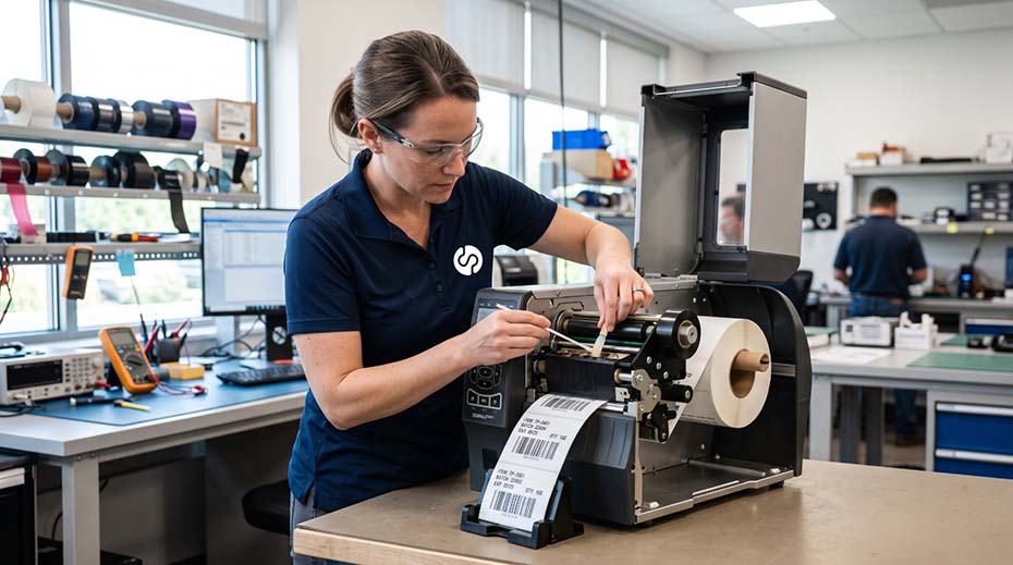 Técnico realizando assistência técnica autorizada em impressora Zebra para identificação e rastreabilidade industrial