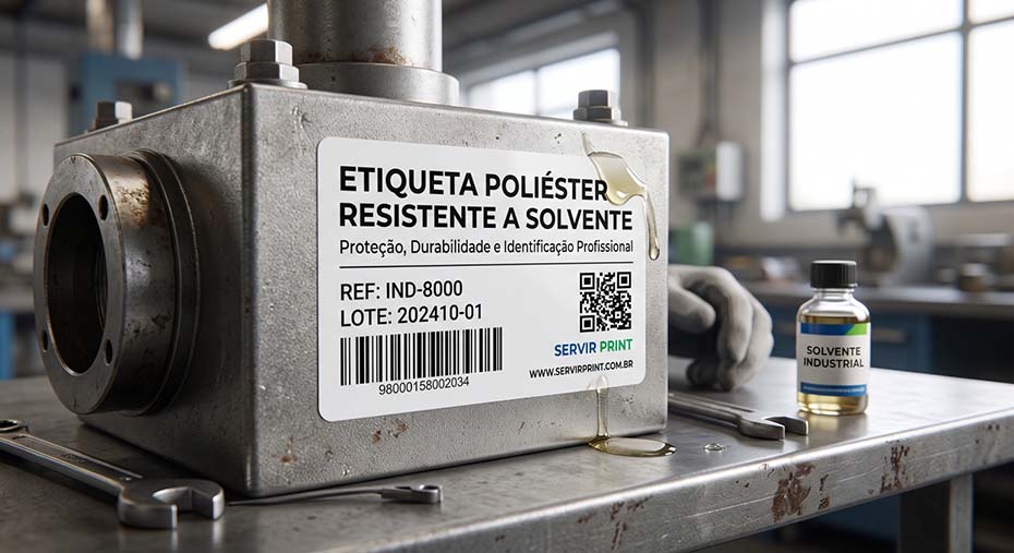 Etiqueta de poliéster resistente a solventes aplicada em identificação industrial de alta durabilidade
