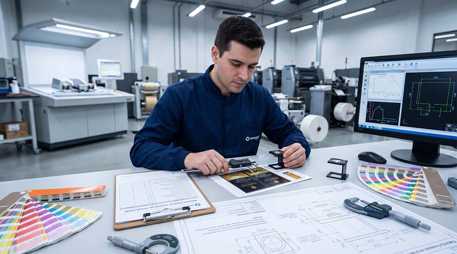 Inspeção de amostra inicial com instrumento de medição e relatório ISIR para controle de qualidade industrial.