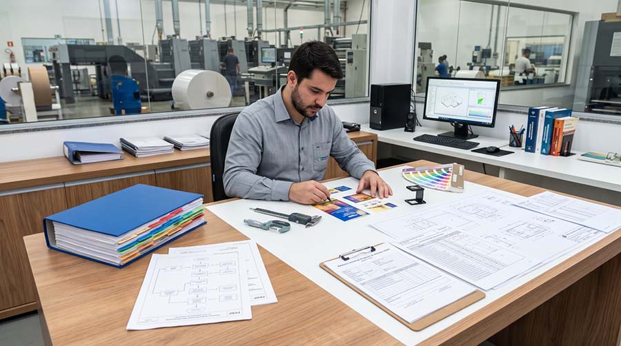 Profissional de qualidade realizando inspeção dimensional de uma peça e conferindo documentos ISIR e PPAP para aprovação da produção.